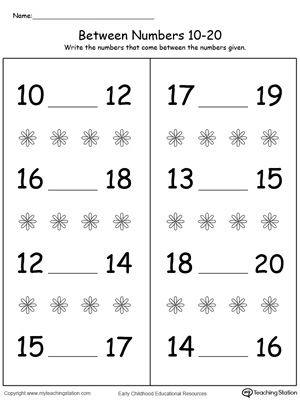 Identify the number in between 10-20 by looking at the order of the numbers and writing the missing number.