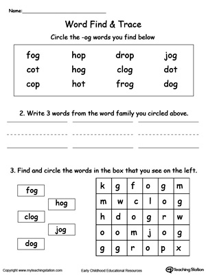 Find and trace words in this OG Word Family printable worksheet.