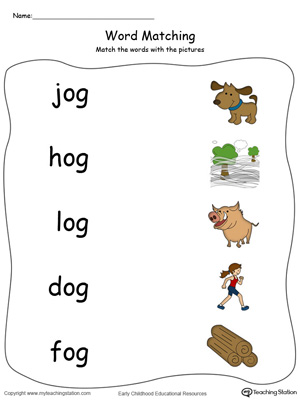 OG Word Family Picture and Word Match in Color. Identifying words ending in  –OG by matching the words with each picture.