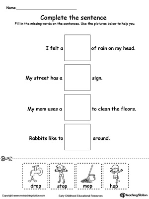Complete the OP Word Family sentence in this printable worksheet.
