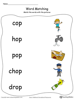 OP Word Family Picture Match in Color. Identifying words ending in  –OP by matching the words with each picture.