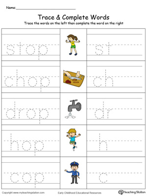Trace then write the words themselves in this OP Word Family Trace and Write in Color printable worksheet.