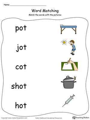 OT Word Family Picture and Word Match in Color. Identifying words ending in  –OT by matching the words with each picture.