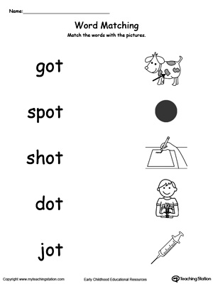 OT Word Family Picture Match. Identifying words ending in  –OT by matching the words with each picture.