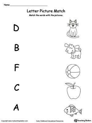Preschool learning letter sounds printable worksheet. Match words starting with D,B,F,C,A with the picture
