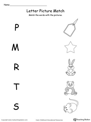Preschool learning letter sounds printable worksheet. Match words starting with P,M,R,T,S with the picture