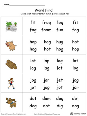 Match pictures with words using similar letter patterns in this OG Word Family printable worksheet in color.