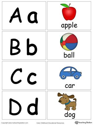 Small alphabet printable flashcards in color for the letters: A B C D.