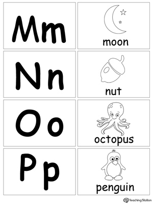 Printable small alphabet letters flashcard: M N O P.