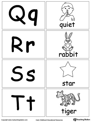 Printable small alphabet letters flashcard: Q R S T.