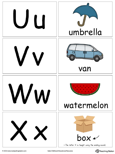 Small alphabet printable flashcards in color for the letters: U V W X.