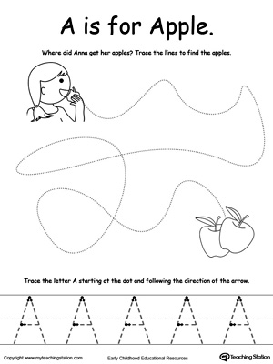 Say the name of the picture (Apple), then trace the lines and the letter A in this pre-writing printable worksheet.