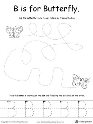 Say the name of the picture (Butterfly), then trace the lines and the letter B in this pre-writing printable worksheet.
