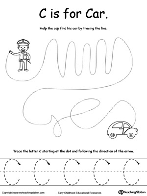 Say the name of the picture (Car), then trace the lines and the letter C in this pre-writing printable worksheet.
