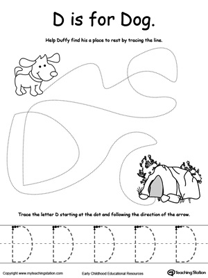 Say the name of the picture (Dog), then trace the lines and the letter D in this pre-writing printable worksheet.