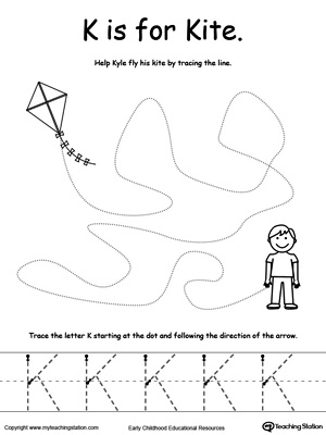 Say the name of the picture (Kite), then trace the lines and the letter K in this pre-writing printable worksheet.