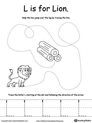 Say the name of the picture (Lion), then trace the lines and the letter L in this pre-writing printable worksheet.