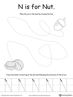 Say the name of the picture (Nut), then trace the lines and the letter N in this pre-writing printable worksheet.