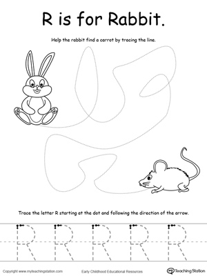 Say the name of the picture (Rabbit), then trace the lines and the letter R in this pre-writing printable worksheet.