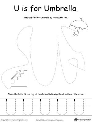 Say the name of the picture (Umbrella), then trace the lines and the letter U in this pre-writing printable worksheet.