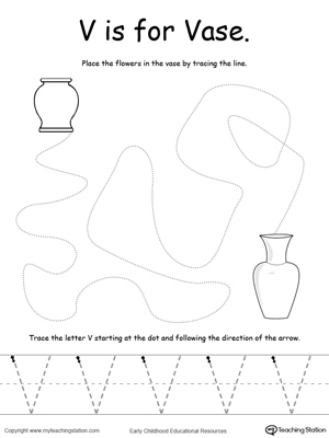 Say the name of the picture (Vase), then trace the lines and the letter V in this pre-writing printable worksheet.