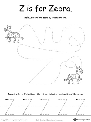 Say the name of the picture (Zebra), then trace the lines and the letter Z in this pre-writing printable worksheet.