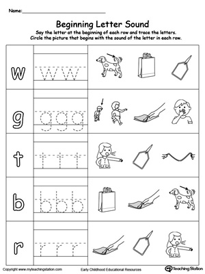 Trace and match the sounds and letters at the beginning of words with this Trace and Match AG Word Family worksheet.