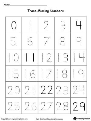 Practice writing and number sequence by completing the missing numbers 0-29 in this printable worksheet.