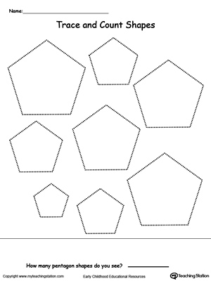 Pentagon shapes tracing and count printable worksheet.