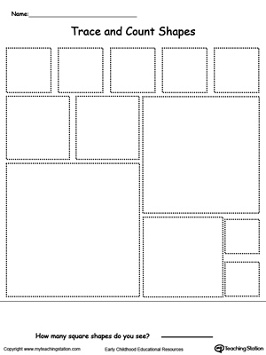 Square shapes tracing and count printable worksheet.