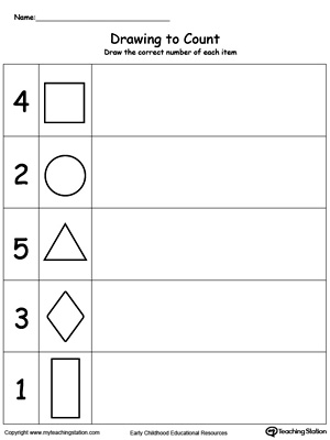 Trace and draw shapes to the number specified in this math printable worksheet for kids in preschool.