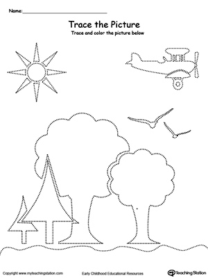 Trace the Picture: Scenary (Trees, Sun, Airplane and Birds)