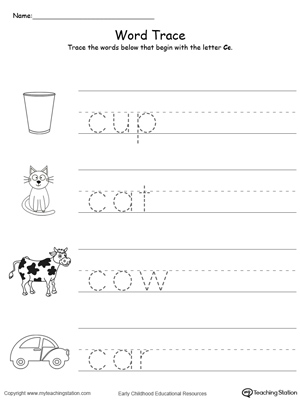 Trace Words That Begin With Letter Sound: C. Preschool learning letter sounds printable activity worksheets.