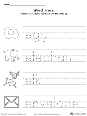 Trace Words That Begin With Letter Sound: E. Preschool learning letter sounds printable activity worksheets.
