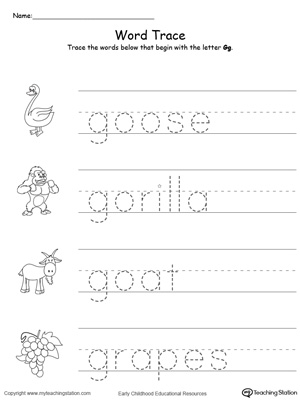 Trace Words That Begin With Letter Sound: G. Preschool learning letter sounds printable activity worksheets.