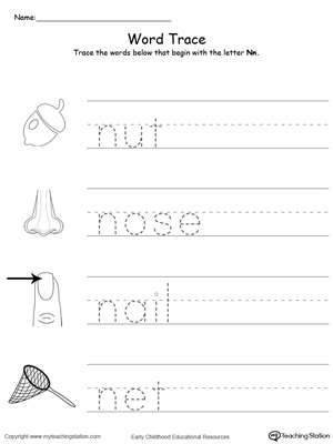 Trace Words That Begin With Letter Sound: N. Preschool learning letter sounds printable activity worksheets.