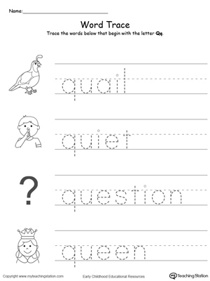 Trace Words That Begin With Letter Sound: Q. Preschool learning letter sounds printable activity worksheets.