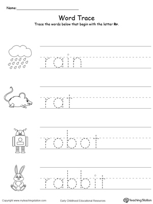 Trace Words That Begin With Letter Sound: R. Preschool learning letter sounds printable activity worksheets.