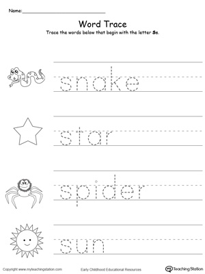 Trace Words That Begin With Letter Sound: S. Preschool learning letter sounds printable activity worksheets.