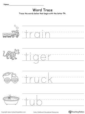 Trace Words That Begin With Letter Sound: T. Preschool learning letter sounds printable activity worksheets.