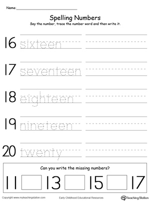 Tracing and Writing Number Words 16-20
