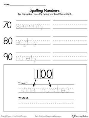 Tracing and Writing Number Words by Tens 70-100