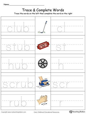 Trace then write the words themselves in this UB Word Family Trace and Write in Color printable worksheet.