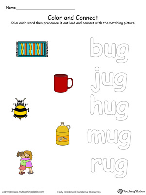 Practice coloring and fine motor skills in this UG Word Family printable worksheet in color.