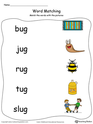 UG Word Family Picture Match in Color. Identifying words ending in  –UG by matching the words with each picture.