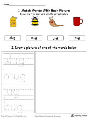 Practice drawing, tracing and identifying the sounds of the letters UG in this Word Family printable.
