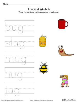 Match word with pictures in this UG Word Family printable worksheet in color.
