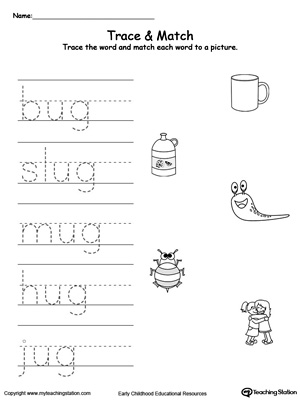 Write short words and identify sounds in this UG Word Family printable worksheet.