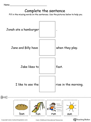 Identify the words and complete the UN Word Family sentence in this printable worksheet in color.