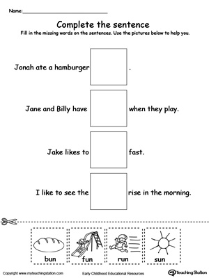 Complete the UN Word Family sentence in this printable worksheet.